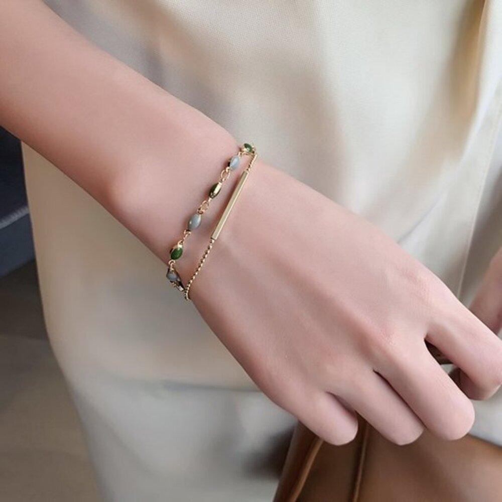 New Unique Gold Plated oval Green Stones Bar Bracelet 7" to 9" inches Adjustable